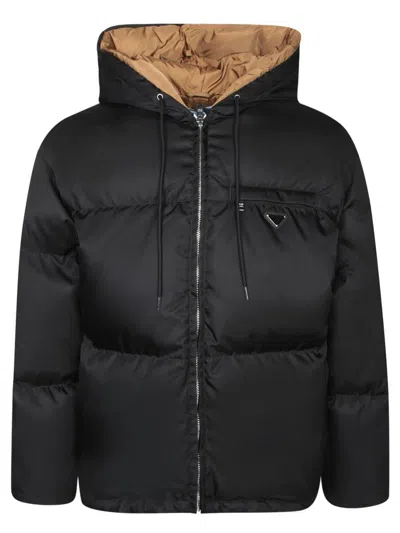 Prada Re-nylon Gabardine Hooded Down Jacket In Black