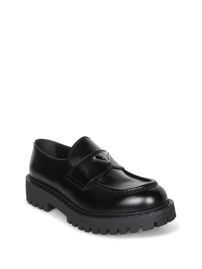 Prada Polished Black Leather Loafers With Chunky Rubber Sole In Black