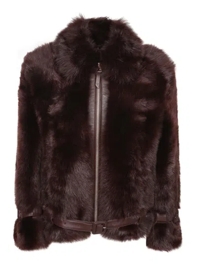 Tom Ford Leather Buckle Detail Jacket With Faux Fur In Burgundy