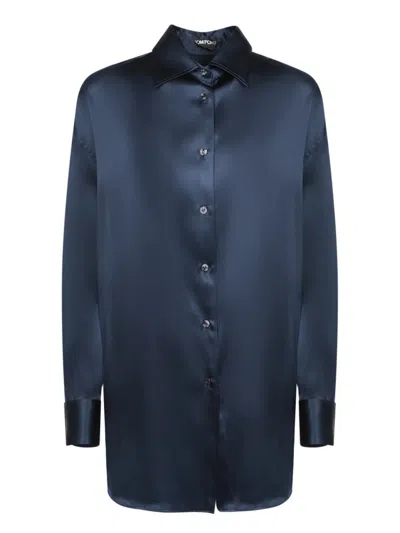 Tom Ford Collared Neck Satin Finish Long Sleeves In Blue