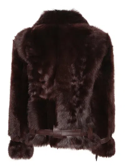 Tom Ford Leather Buckle Detail Jacket With Faux Fur In Burgundy