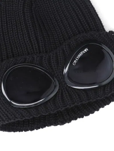 C.p. Company Black Knit Beanie With Googles Detail On The Front In Black