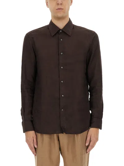 Hugo Boss Boss Camel Brown Slim Fit Linen Shirt With Button-down Front In Brown