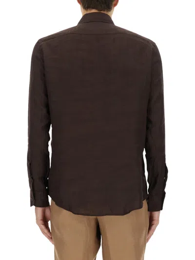 Hugo Boss Boss Camel Brown Slim Fit Linen Shirt With Button-down Front In Brown