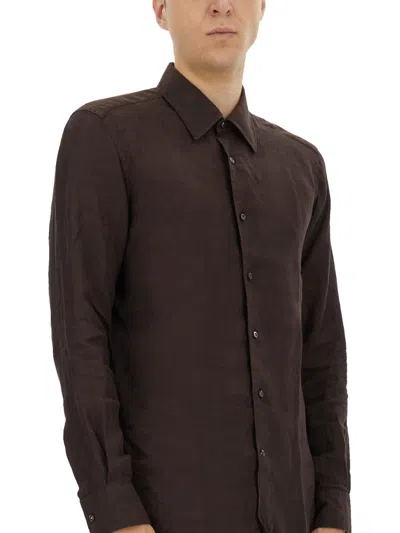 Hugo Boss Boss Camel Brown Slim Fit Linen Shirt With Button-down Front In Brown
