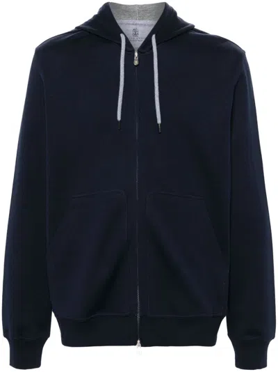 Brunello Cucinelli Zip-up Hoodie With Contrasting Lining And Ribbed Cuffs In Blue