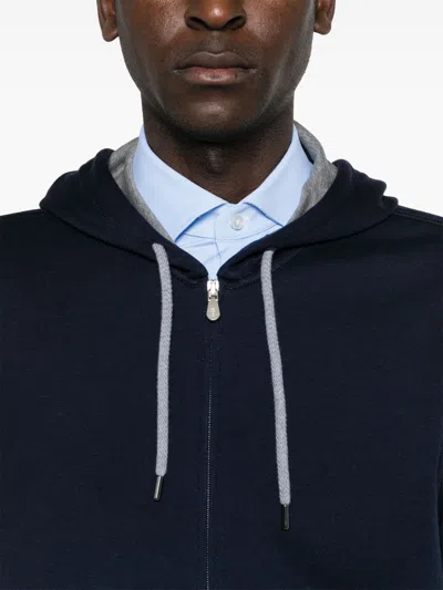 Brunello Cucinelli Zip-up Hoodie With Contrasting Lining And Ribbed Cuffs In Blue
