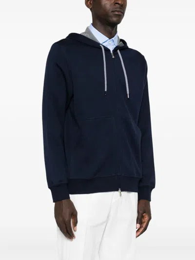 Brunello Cucinelli Zip-up Hoodie With Contrasting Lining And Ribbed Cuffs In Blue