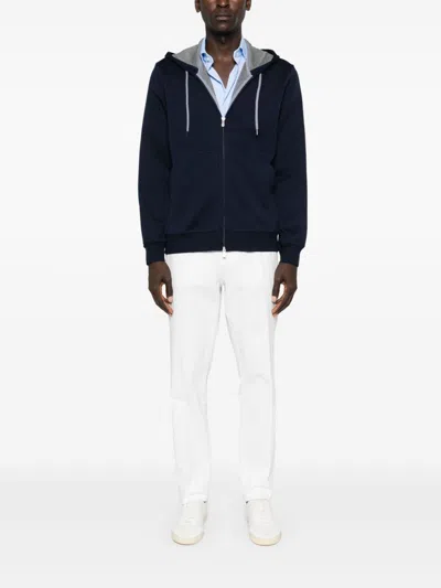 Brunello Cucinelli Zip-up Hoodie With Contrasting Lining And Ribbed Cuffs In Blue