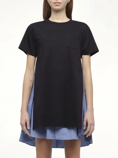 Sacai Cotton Dress With Fabric Inserts In Blue