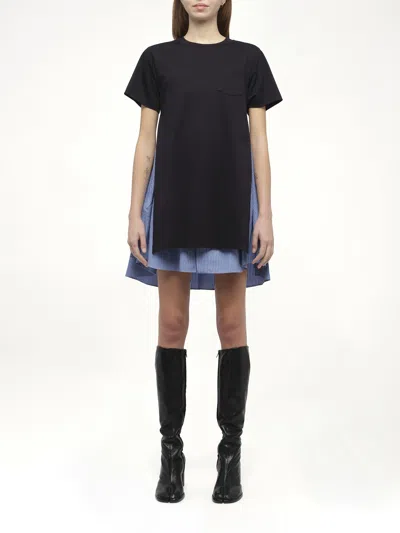 Sacai Cotton Dress With Fabric Inserts In Blue