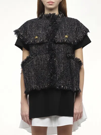 Sacai Womens Navy Fringed Sleeveless Wool-blend Jacket Xl In Black