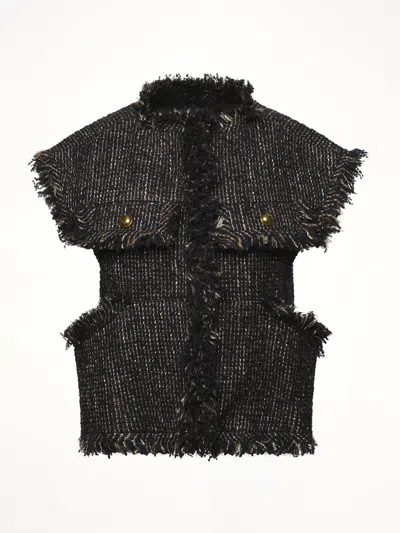 Sacai Womens Navy Fringed Sleeveless Wool-blend Jacket Xl In Black