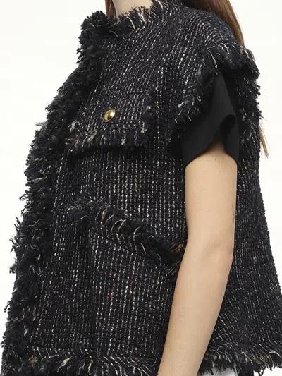 Sacai Womens Navy Fringed Sleeveless Wool-blend Jacket Xl In Black