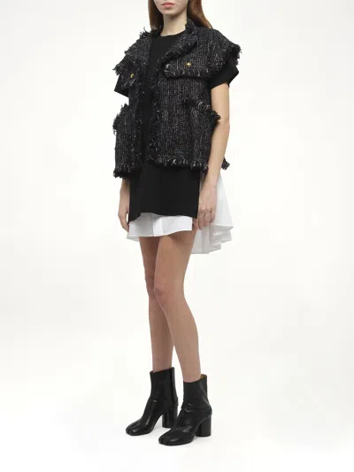 Sacai Womens Navy Fringed Sleeveless Wool-blend Jacket Xl In Black