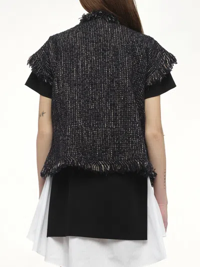 Sacai Womens Navy Fringed Sleeveless Wool-blend Jacket Xl In Black