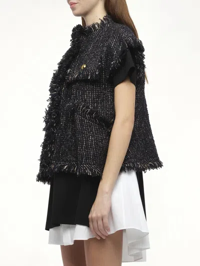 Sacai Womens Navy Fringed Sleeveless Wool-blend Jacket Xl In Black