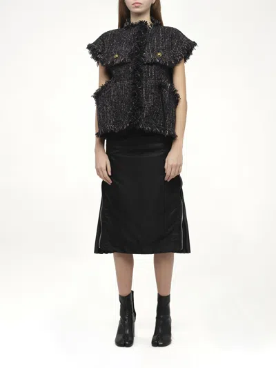 Sacai Womens Navy Fringed Sleeveless Wool-blend Jacket Xl In Black