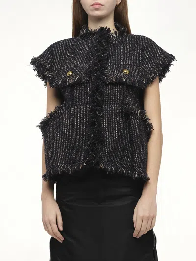 Sacai Womens Navy Fringed Sleeveless Wool-blend Jacket Xl In Black