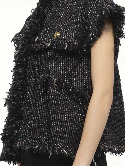 Sacai Womens Navy Fringed Sleeveless Wool-blend Jacket Xl In Black