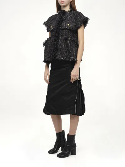 Sacai Womens Navy Fringed Sleeveless Wool-blend Jacket Xl In Black