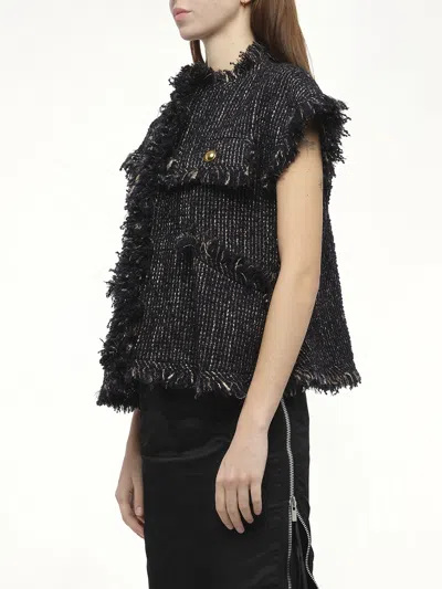 Sacai Womens Navy Fringed Sleeveless Wool-blend Jacket Xl In Black