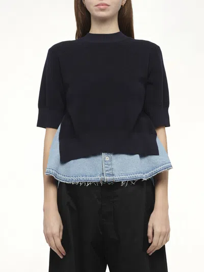 Sacai Womens Navy Blue Denim-hem Short-sleeves Cotton-blend Jumper In Black