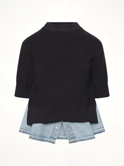 Sacai Womens Navy Blue Denim-hem Short-sleeves Cotton-blend Jumper In Black