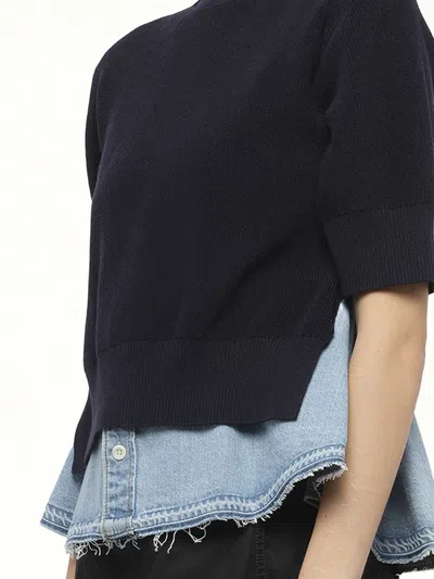 Sacai Womens Navy Blue Denim-hem Short-sleeves Cotton-blend Jumper In Black