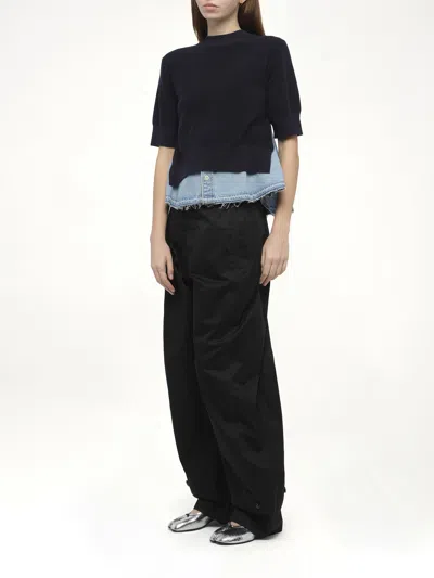 Sacai Womens Navy Blue Denim-hem Short-sleeves Cotton-blend Jumper In Black
