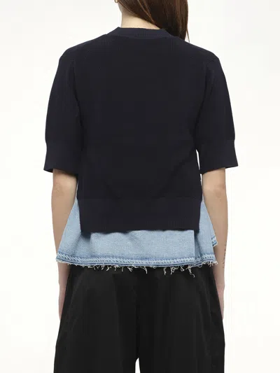 Sacai Womens Navy Blue Denim-hem Short-sleeves Cotton-blend Jumper In Black