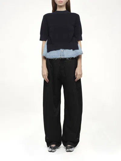 Sacai Womens Navy Blue Denim-hem Short-sleeves Cotton-blend Jumper In Black