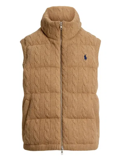 Polo Ralph Lauren Cable-knit Wool-cashmere Quilted Vest In Brown