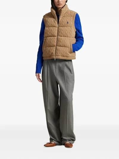 Polo Ralph Lauren Cable-knit Wool-cashmere Quilted Vest In Brown