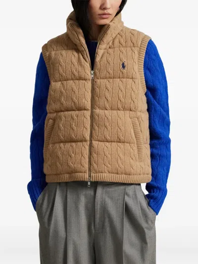 Polo Ralph Lauren Cable-knit Wool-cashmere Quilted Vest In Brown