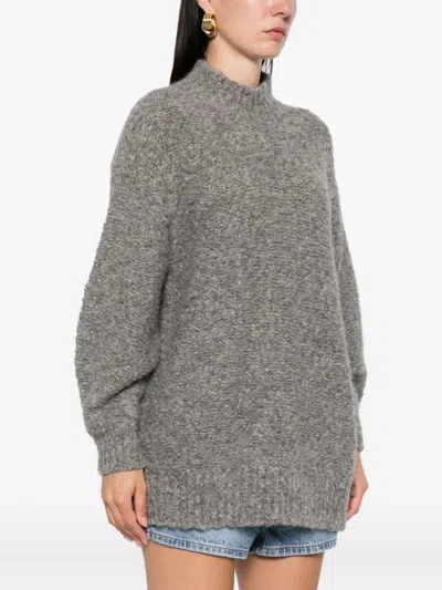 Isabel Marant Relaxed High Neck Sweater With Ribbed Hem And Dropped Shoulders In Gray