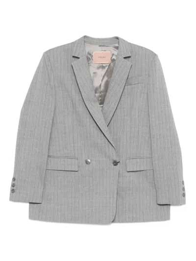 Twinset Double-breasted Pinstripe Blazer With Structured Shoulders In Gray