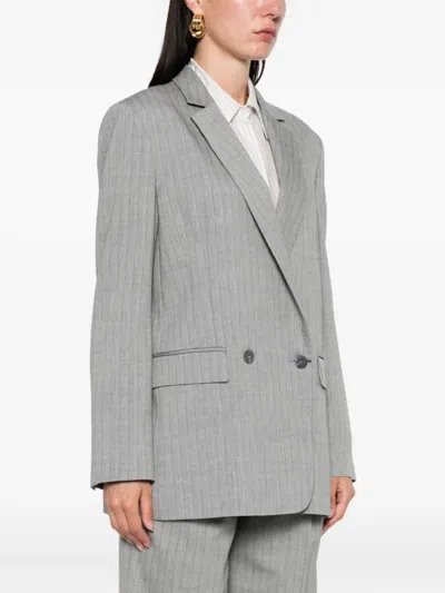 Twinset Double-breasted Pinstripe Blazer With Structured Shoulders In Gray