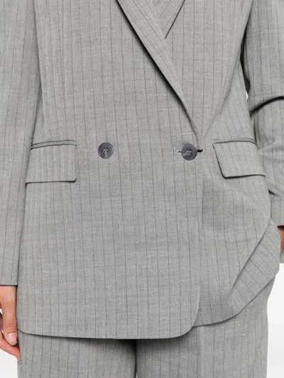 Twinset Double-breasted Pinstripe Blazer With Structured Shoulders In Gray