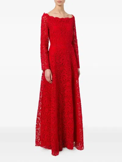 Valentino Floral Lace Detail Dresswide In Red