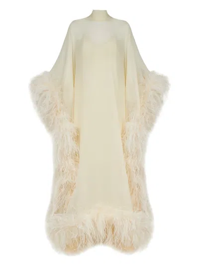 Taller Marmo Feather-trimmed Silk Maxi Dress In Neutral