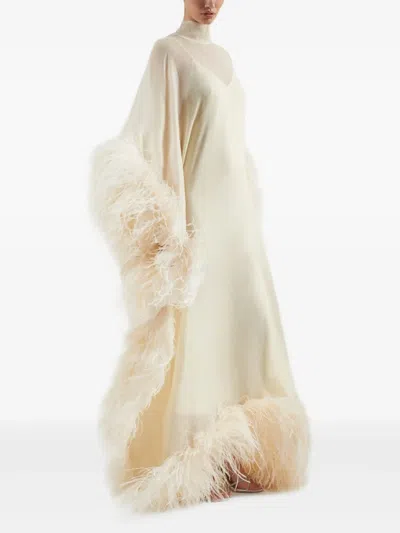 Taller Marmo Feather-trimmed Silk Maxi Dress In Neutral