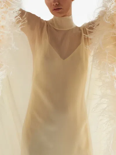 Taller Marmo Feather-trimmed Silk Maxi Dress In Neutral