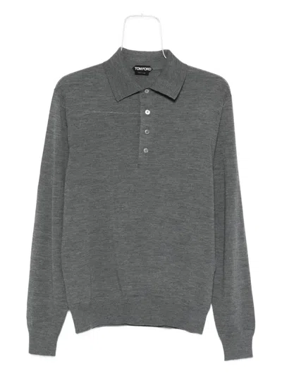 Tom Ford Grey Long-sleeved Polo Shirt With Classic Collar And Refined Trim In Gray