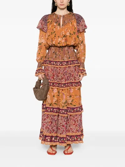 Farm Rio Colorful Birds Camel Smocking Long Sleeve Maxi Dress In Multi