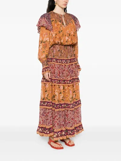 Farm Rio Colorful Birds Camel Smocking Long Sleeve Maxi Dress In Multi
