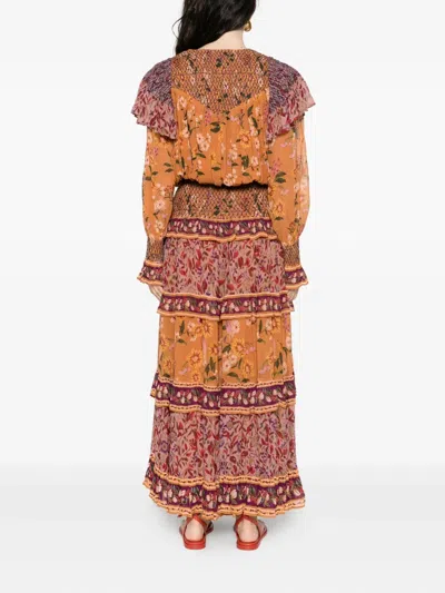 Farm Rio Colorful Birds Camel Smocking Long Sleeve Maxi Dress In Multi