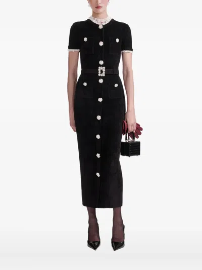Self-portrait Womens Black Crystal-embellished Lace-trim Chenille-knit Midi Dress In Black