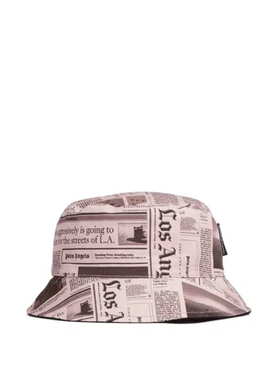 Palm Angels Newspaper Print Bucket Hat In Brown