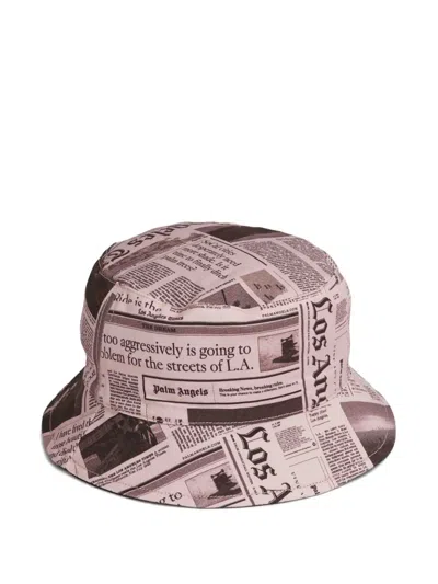 Palm Angels Newspaper Print Bucket Hat In Brown